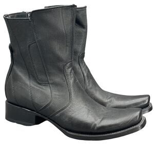 White Diamonds Black Leather Side Zip Western Cowboy Ankle Boots Men 9